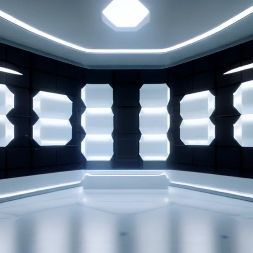 Prompt: a white room twelve by ten by eight, proportionally perfect, geometrically perfect, clean and empty, sci fi spaceship futuristic paneling unreal engine, general studio lighting, 8 k,