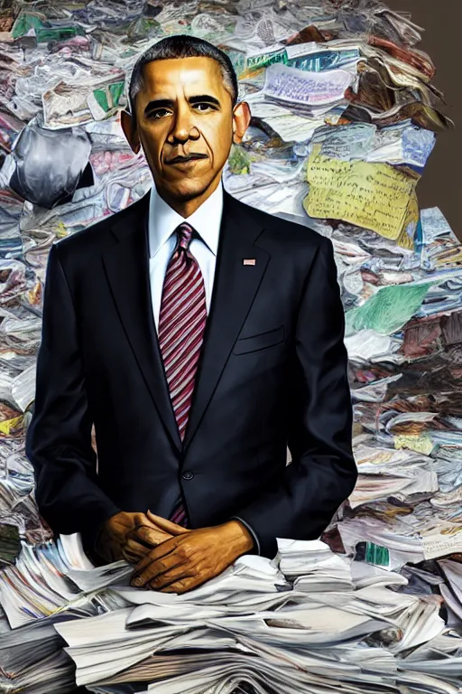 Image similar to obama standing next to a mountain of papers, oil on canvas, intricate, portrait, 8 k highly professionally detailed, hdr, cgsociety