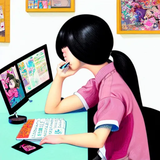 Prompt: full view of girl studying at her computer, in taipei, style of yoshii chie and hikari shimoda and martine johanna and disney, highly detailed