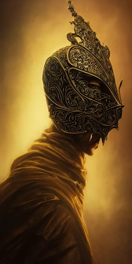 Image similar to black decadent hood, gold intricately detailed ornate metal mask, ornate background, portrait, realism, cinematic lighting, specular lighting, 8 k, artstation, octane render, peter mohrbacher, alfonso mucha, zdzisław beksinski