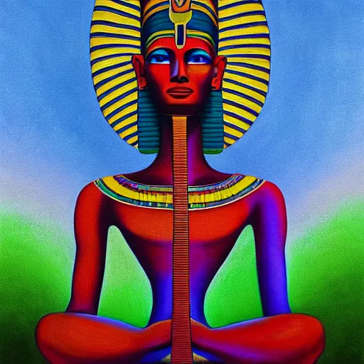 Image similar to painting of a Egyptian pharaoh meditating under a tree by Alex Grey, acrylic art, ethereal, soothing, somber, elegant, warm light, cozy, glows,