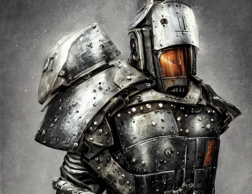 Prompt: a detailed portrait painting of a lone bounty hunter wearing combat armour and a reflective visor. Head and chest only. Brutalist, dystopian. Dieselpunk elements. Movie scene, cinematic sci-fi scene. Flight suit, cloth and metal, accurate anatomy. Samurai influence, knight influence. fencing armour. portrait symmetrical and science fiction theme with lightning, aurora lighting. clouds and stars. Atmospheric. Futurism by moebius beksinski carl spitzweg moebius and tuomas korpi. baroque elements. baroque element. intricate artwork by caravaggio. Oil painting. Trending on artstation. 8k