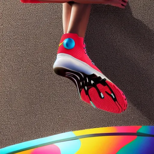 Prompt: Futuristic new shoe by Nike with antigravity features colorful pleasant beautiful advertisement photo