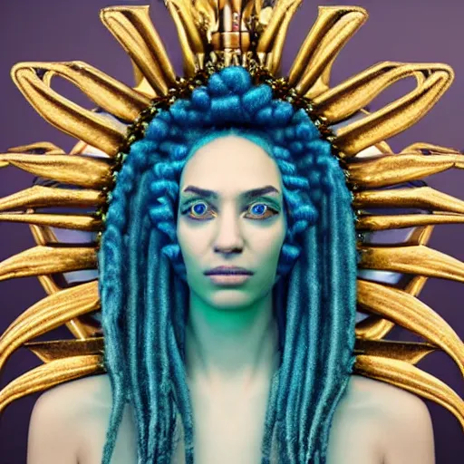 Image similar to unreal engine, octane render, 8 k, sandro botticelli portrait of egyptian sumerian goddess princess intergalactica, nautical siren, queen of heaven, techno mystic goddess, with aqua neon dreadlocks, teal eyebrows encrusted with diamonds, wearing iris van herpen haute couture, star - gate of futurisma,