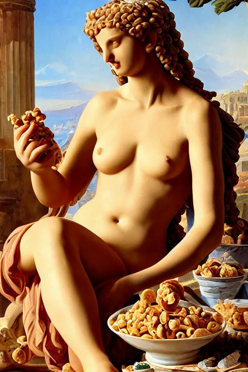 Image similar to greek statue of Aphrodite eating cereal, oil on canvas, intricate, portrait, 8k highly professionally detailed, HDR, CGsociety