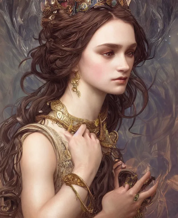 Image similar to portrait of a beautiful goddess, soft hair, half body, medieval, ornate, hairy, d & d, fantasy, intricate, elegant, highly detailed, digital painting, artstation, concept art, smooth, sharp focus, illustration, art by artgerm and greg rutkowski and alphonse mucha