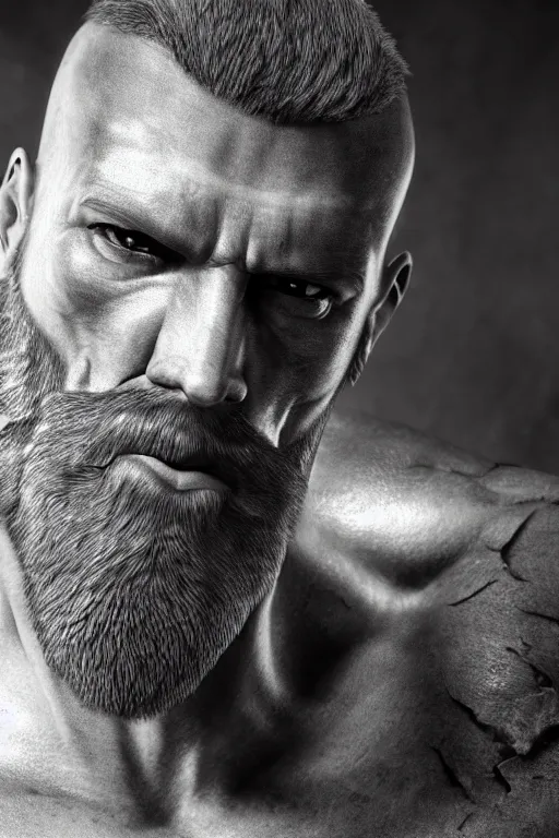 Image similar to a single muscular man wearing torn clothes, looking to the right, profile picture, hyperrealistic, concept art, octane render, unreal engine 5, trending on artstation, high quality, highly detailed, 8 k, dramatic lighting, cinematic, high coherence, anatomically correct, five fingers, digital art, seductive, black and white, big beard, epic