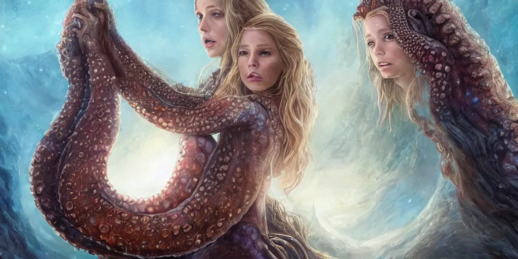 Prompt: A fantasy fairytale story style portrait painting, giant pacific octopus, Mythic Island at the center of the Universe, accompanying Cory Chase, Blake Lively, Anya_Taylor-Joy, Grace Moretz, hybrid, Halle Berry, Mystical Valkyrie, Anubis-Reptilian, Atlantean Warrior, intense smoldering, soul penetrating invasive eyes. fantasy atmospheric lighting, digital painting, hyperrealistic, François Boucher, Oil Painting, Cozy, hot springs hidden Cave, candlelight, towels, cushions, natural light, lush plants and flowers, Crisp clear Volumetric Golden dappled dynamic lighting, Regal, Refined, elegant, smooth cave rock, Spectacular Rocky Mountains, bright clouds, luminous stellar sky, outer worlds, cognitive Coherence cohesion character illustration, photorealistic, Vivarium, Theophanic atmosphere, michael whelan, William-Adolphe Bouguereau, Michael Cheval, Crisp clear hd resolution, Digital Art, RPG portrait, Steampunk, hyperdetailed, artstation, cgsociety, Highly Detailed, Cinematic Lighting, HD resolution, unreal 5, DAZ, hyperreality, octane render, Unreal Engine, 8k, HD