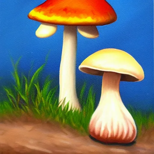 Image similar to a professional oil painting of a cute creature sitting next to a mushroom, detailed, realistic