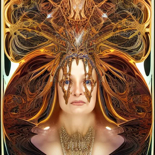 Image similar to high priestess queen of jupiter by iris van herpen, zaha hadid and alphonse mucha. highly detailed, hyper - real, very beautiful, intricate fractal details, very complex, opulent, epic, glowing, trending on deviantart and artstation