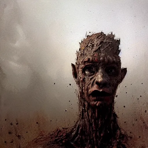 Image similar to painting by jakub rozalski of a muddy rooted humanoid creature with a big hole in the head. half body closeup