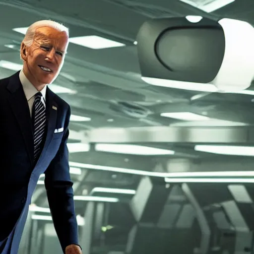 Prompt: movie still of joe biden in tron : legacy ( 2 0 1 0 )