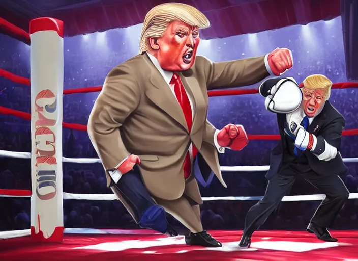 Image similar to hyper detailed ultra sharp full body character portrait of donald trump in a boxing match with joe biden, cinematic lighting, good value control, league of legends splash art, photorealistic eyes, smooth, realistic shading, enhance face, painted texture maps,