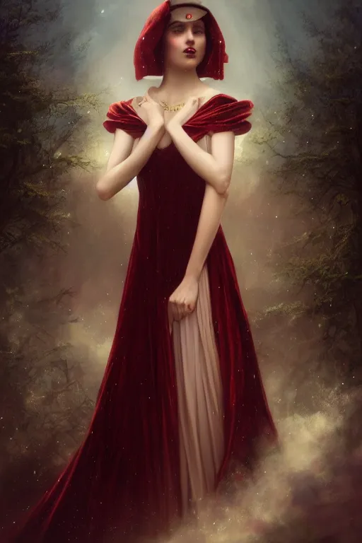 Prompt: a dark fantasy world, glowing, stars, a long-legged elegant evil woman, mysterious, ethereal, dressed in red velvet, haute couture, illustration, dramatic lighting, soft details, painting, by Edmund Blair Leighton, Brom, Charlie Bowater, trending on artstation, faces by Tom Bagshaw, Sargent