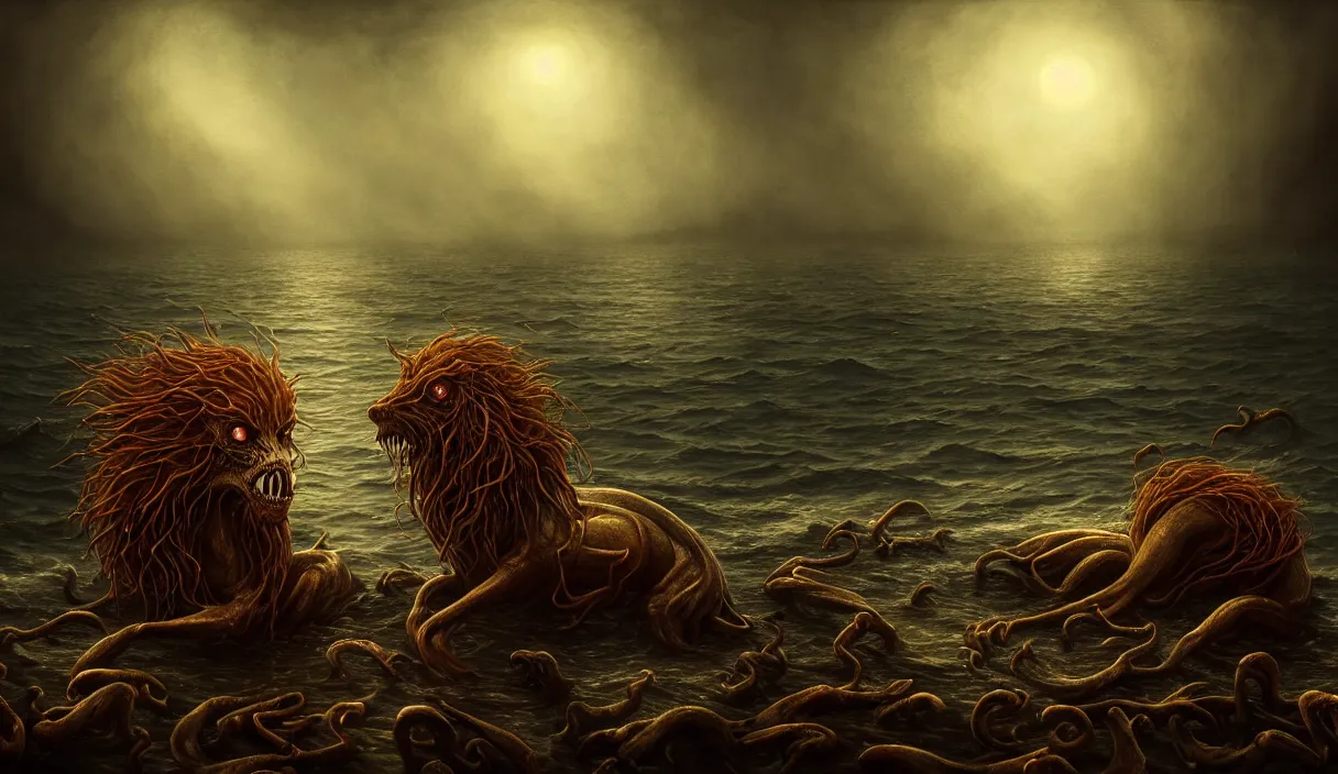 Prompt: epic professional digital art of hungry eyes, ambient golden light, painted, mysterious, cinematic seaside terrifying animals scene, eerie, mythic, detailed, intricate, grand, leesha hannigan, wayne haag, reyna rochin, ignacio fernandez rios, mark ryden, van herpen, artstation, cgsociety, epic, stunning, gorgeous, wow wow detail