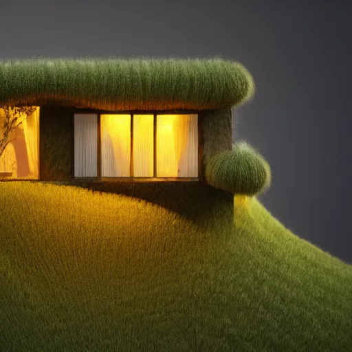 Image similar to small hillside house made of honey, modern lighting, hyper - realistic, hyper - detailed, 8 k, octane rendered, art nouveau, organic, flowing, impossible torsion, writhing, lush, dynamic