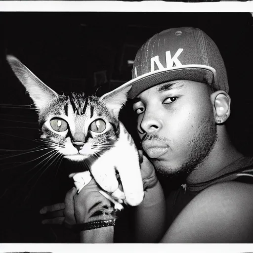 Prompt: nyc rapper holding a cat, fish eye lens, 3 5 mm film camera