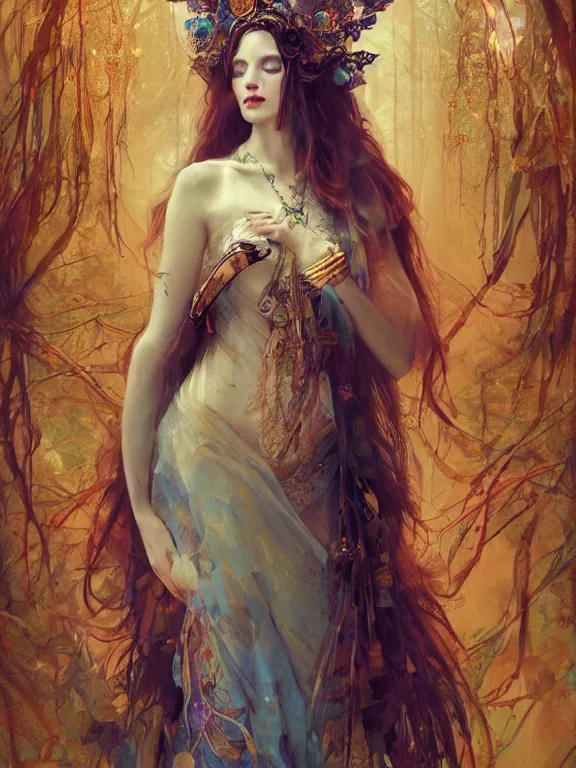 Image similar to Full view Bohemian Maiden Spirit of the woods in a beautiful dress, 4k digital illustration by Ruan Jia and Alberto Seveso, art nouveau iconography background, stunning portrait, amazing magnificent mystical illustration, award winning art, gold details, rim light, tarot card, intricate details, realistic, full view, Artstation, CGsociety