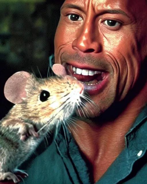 Image similar to film still close - up shot of dwayne johnson as stanley ipkiss petting a mouse in the movie the mask. photographic, photography