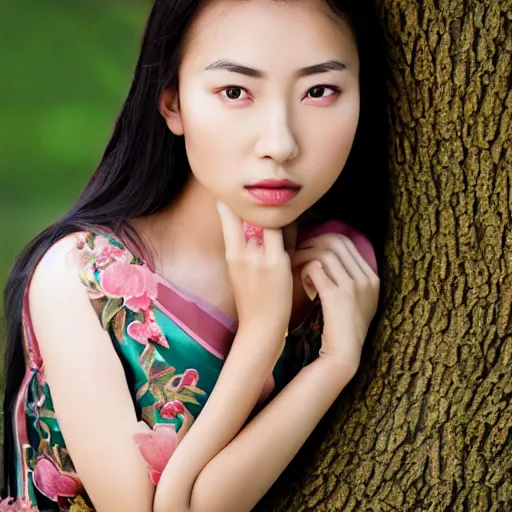 Image similar to portrait of asian girl in the costume of bird, sitting in the tree, jewellery, beautiful face, elegant, stylish, cool, deep gaze, emotionally touching, tenderness, high quality, photo realistic, work in the style of annie leibowitz