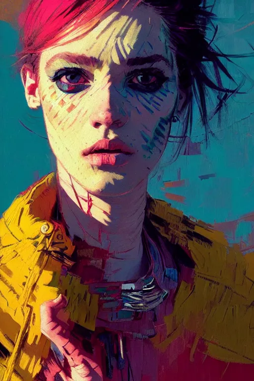 Image similar to portrait of a beautiful punk girl, complementary colors, beautiful face, rule of thirds, intricate outfit, spotlight, by greg rutkowski, by jeremy mann, by francoise nielly, by van gogh, digital painting