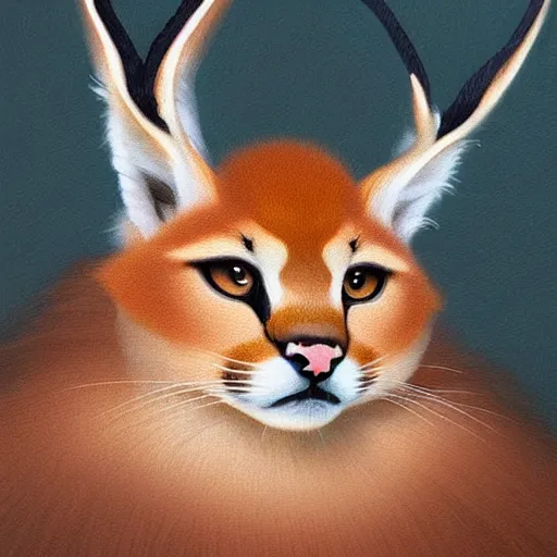 Image similar to laurel wreath on a head of cute fluffy caracal, photography of kurzgesagt, deep focus, d & d, fantasy, intricate, elegant, highly detailed, digital painting, artstation, concept art, matte, sharp focus, illustration, hearthstone, art by artgerm and greg rutkowski and alphonse mucha