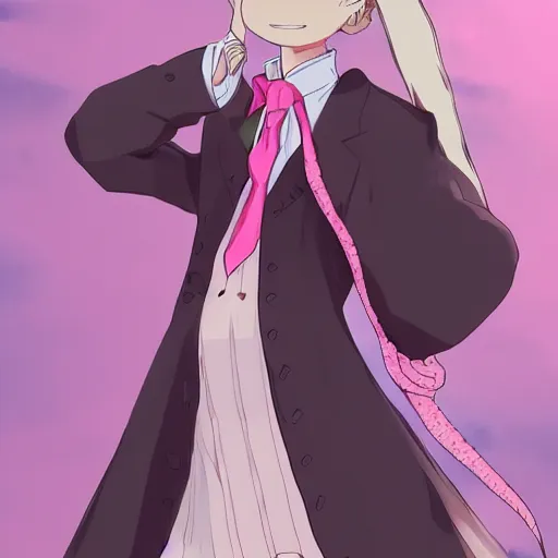 Image similar to Karl Marx wearing pink dress, cute smile, dancing, art by makoto shinkai, anime art, trending on artstation, pink hair
