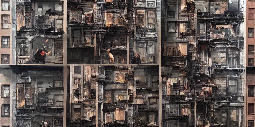 Prompt: new york city block facade cut in half. texture. doors. storefronts. street. art by greg rutkowski and william o'connor
