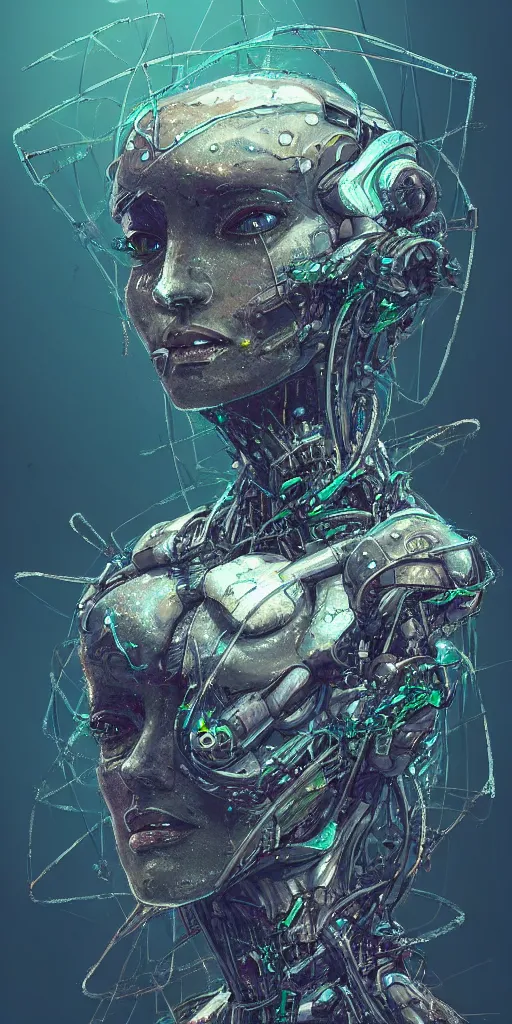 Prompt: concept art of a cybernetic insects life form based on silica crystal, on a rock background, surrounded by spirals of fog, grimy, gritty, trending on artstation, award winning painting, close portrait, cgi, art by carne griffiths and charles gwathmey