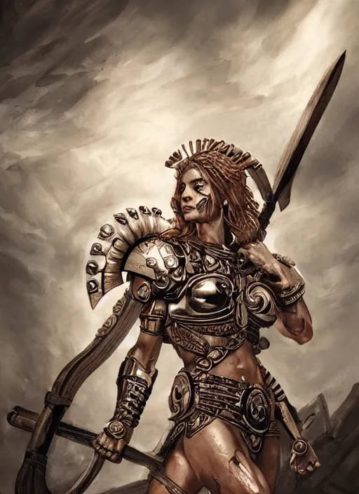 Image similar to portrait of a beautiful muscular maiden spartan with a sword and shield, wounds from battle, warhammer 40000, intricate, elegant, highly detailed, smooth, sharp focus, cinematic lighting, dramatic scene, illustration, art by stephen lau and artgerm in the style of Steven Kostic and greg rutkouwski,