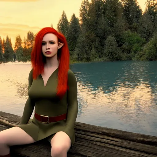 Image similar to beautiful female redhead elf warrior wearing olive green leather, sitting next to a beautiful lake at sunset, enjoying the wind, looking at the water. 8 k ultra realistic, award winning, unreal engine 5, masterpiece, atmosphere glow, hyperrealistic, focused, extreme details, cinematic