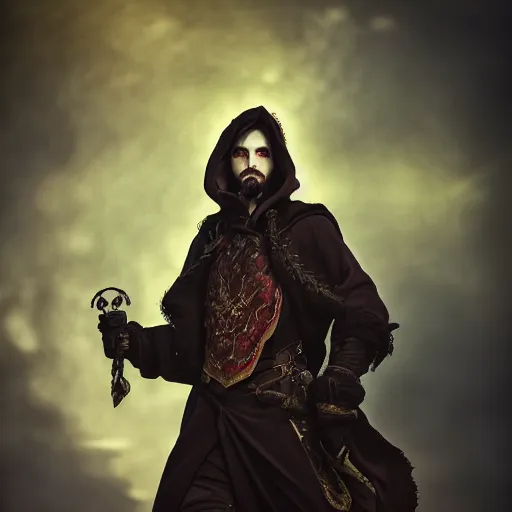 Image similar to a portrait of a male warlock,Grim fantasy, D&D, HDR, natural light, shoulder level shot, dynamic pose, award winning photograph, Mucha style 4k,