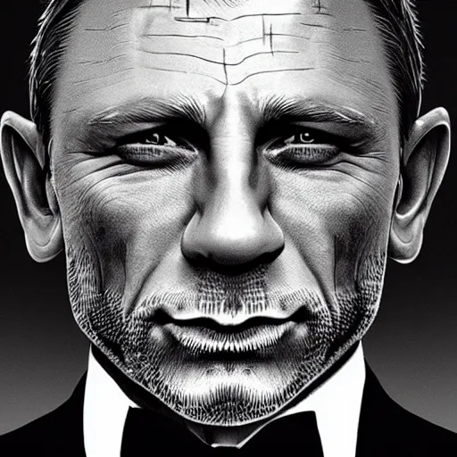 Image similar to a highly detailed portrait of daniel craig, aged 6 5, in a tuxedo, in the style of cedric peyravernay