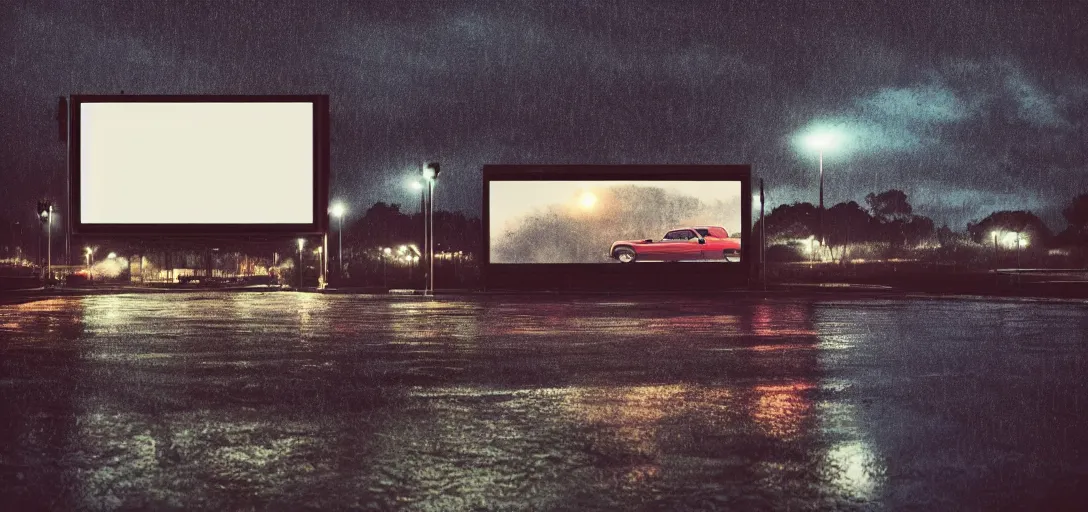 Prompt: Look of small outdoor high profile drive-in cinema, rain, night, noire moody scene, digital art, 8k, moody details