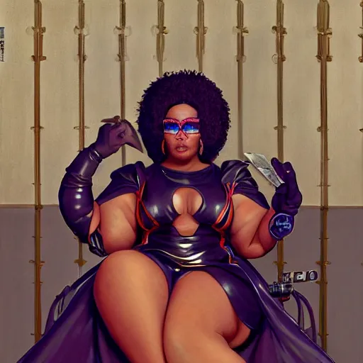 Image similar to cyberpunk fat oprah winfrey head domme mistress, full body, dominatrix, tribal, smooth white tight clothes suit, ornate, very beautiful, concept art, realistic painting, androgynous, afrofuturism, daz 3 d, cinematic, cgsociety, digital art by greg rutkowski, by alphonse mucha,