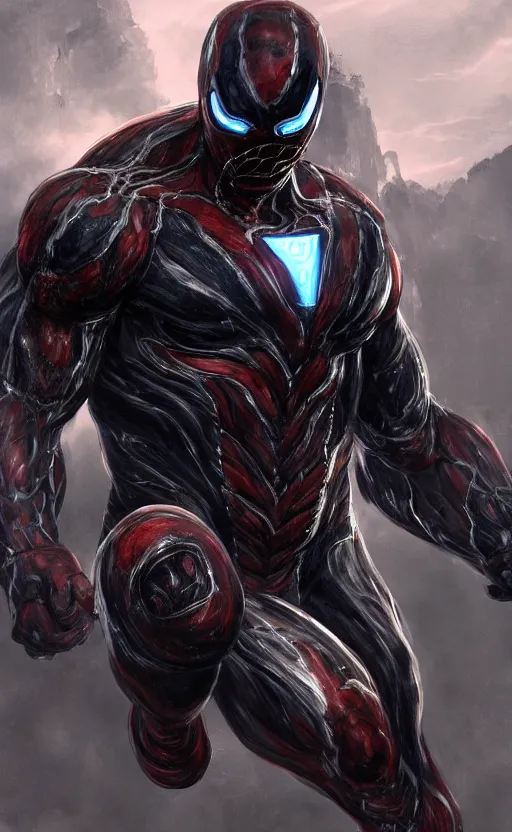 Image similar to venom as ironman, dynamic lighting, photorealistic fantasy concept art, trending on art station, stunning visuals, terrifying, creative, cinematic