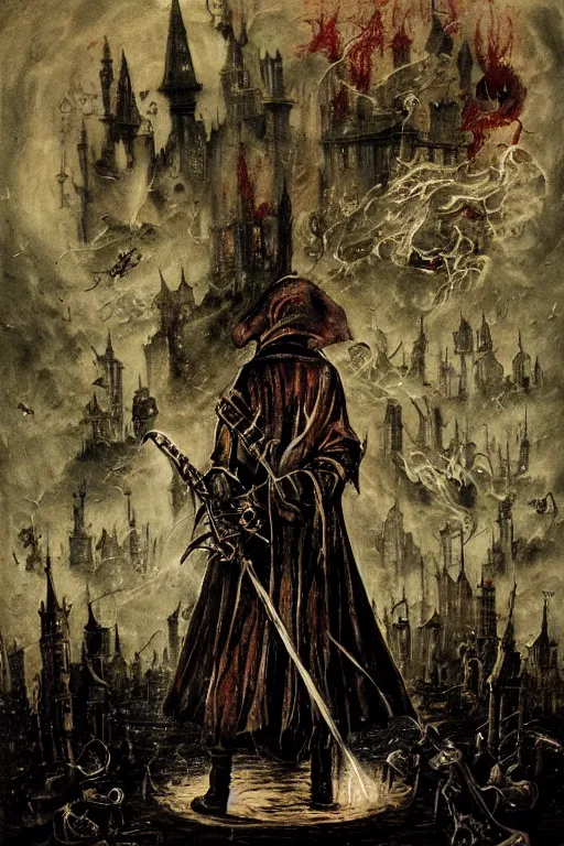 Prompt: bloodborne micolash, in the style of hieronymus bosch