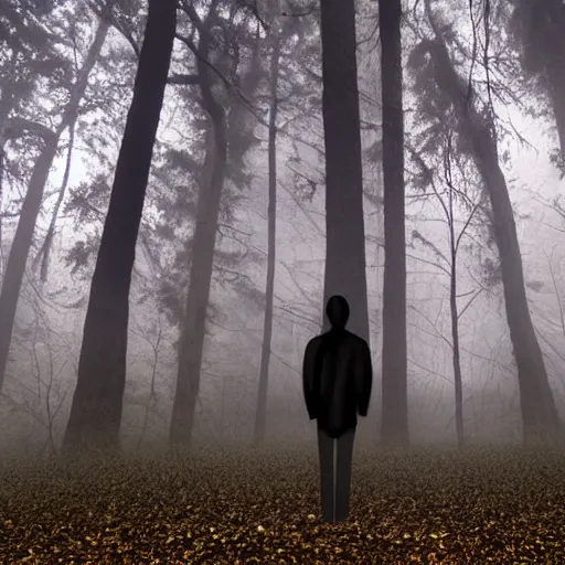 Image similar to Three ominous figures standing amongst a tall skinny tree forest with eerie fog covering the ground. Creepy glowing eyes coming from the fog and a night time setting