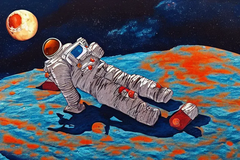 Image similar to an astronaut laying on mars in the style of flooko, acrylic art, detailed, moonlight,