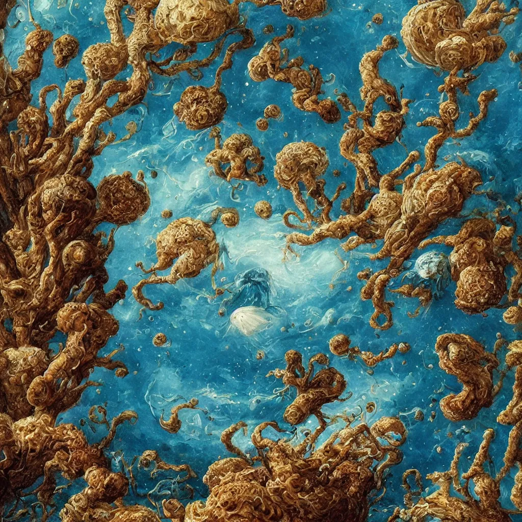 Image similar to beautiful and artistic mycelium on a fantastic planet and unusual inhabitants of the oceans, highly detailed, Allegorical Painting, Archean