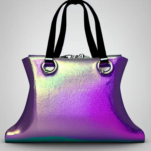 Prompt: a modern designer bag, iridescent color, silver chains, fashion shooting, photorealistic, fantasy, artstation, studio photo