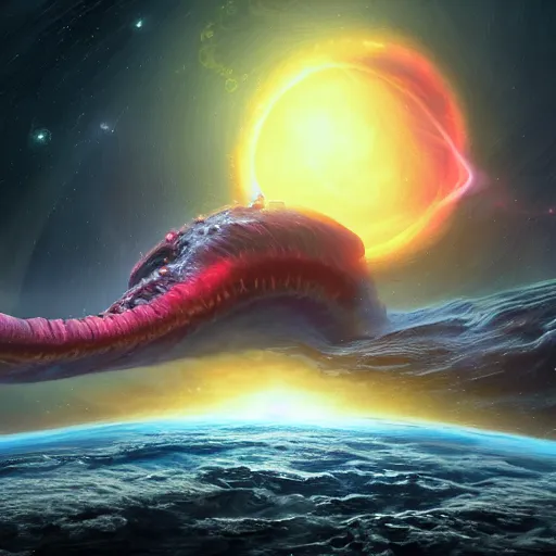 Prompt: giant space squid devouring a planet, cosmic horror, outer space, stars and nebulas, highly detailed fantasy digital art, 8k, cgsociety