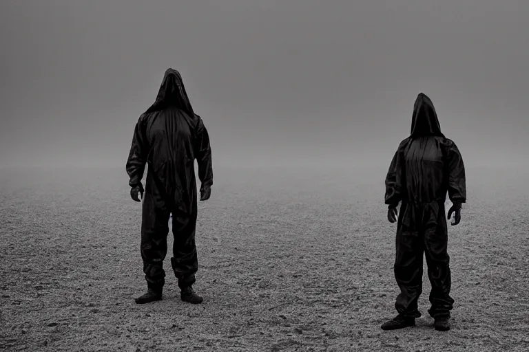 Prompt: a cinematic portrait of a prisoner dressed in a a black and white hazmat suit in a desert, dust storm, thunder and lightning, lee madgwick and zack snyder, 8 k, hd, high resolution, 8 5 mm, f / 1. 8