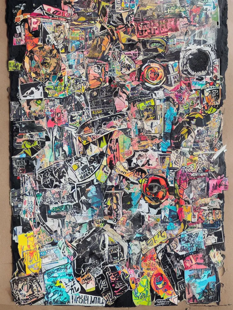 Image similar to a multilayered mixed media on cardboard street art bursting with nostalgic pop culture references, punk symbols and tattoo designs, art by stikki peaches
