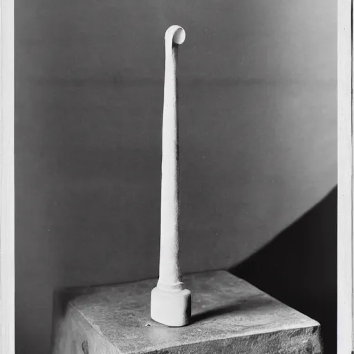 Prompt: a single readymade named Bottle Rack by Marcel Duchamp, banal object on a pedestal, historical archive, wide angle studio shoot, 1920