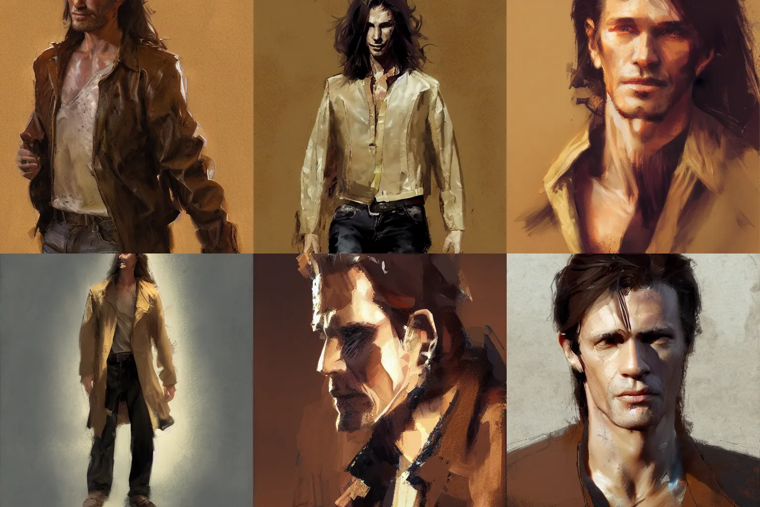 Prompt: tall, lean man with long wavy brown hair. He wears a torn-up leather jacket and a beige cloth shirt underneath. by craig mullins, portrait. craig mullins. featured on artstation