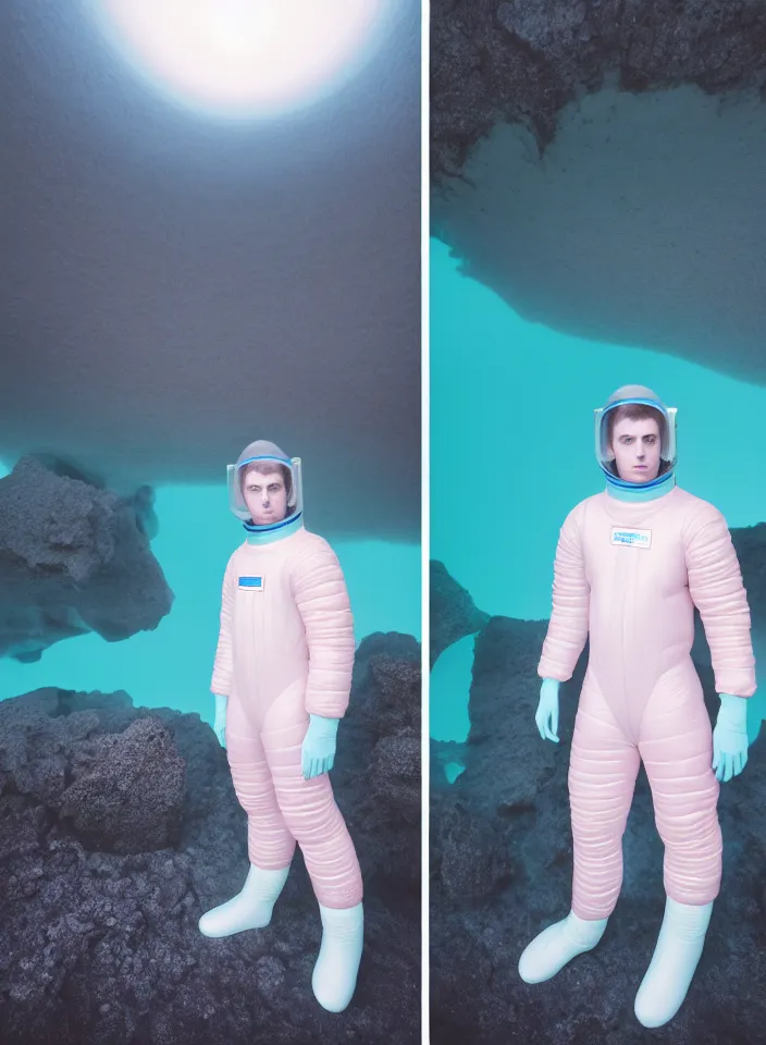 Image similar to high quality pastel coloured film portrait photograph of one beautiful young 2 0 year old male, soft features, short hair, wearing perspex space suit and oversized inflated clothing!! icelandic black rock pool environment. atmospheric three point light. photographic. art directed. ( pastel colours ). volumetric. clearcoat. waves. 8 k. filmic.