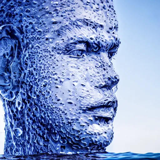 Image similar to a giant water sculpture of a human head, on the ocean water, cinematic, in the style of johnson tsang, long shot, hyper detailed, hyper realistic, ray tracing, 8 k resolution, sharp focus, realistic water, award winning