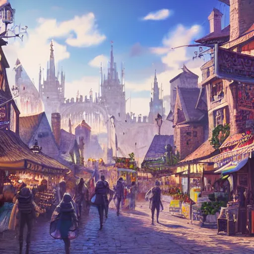 Image similar to bright fantasy medieval city, blue sky, busy market street, highly detailed and intricate 8 k concept art fantasy illustration