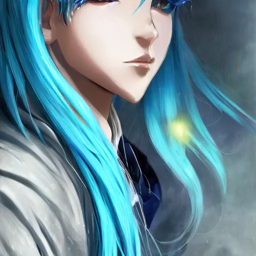 Image similar to side profile of rimuru tempest with sky blue hair, long hair, blue eyebrows, blue eyelashes, gold eyes, high collar, black jacket | shiny, highly detailed, rain, professional digital painting, concept art, award - winning photography, cinematic, wlop | art by pixiv art, yoshitaka amano, deviantart